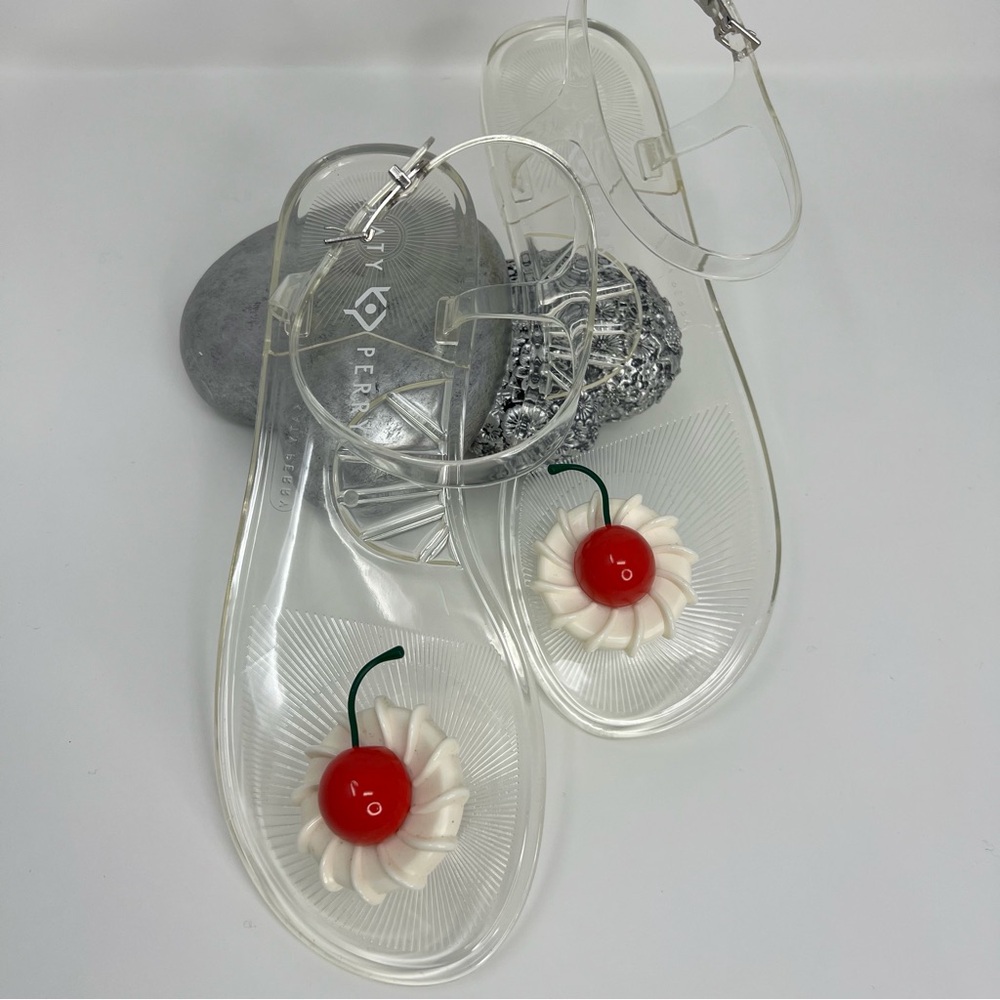 Katy Perry Collections Clear Jelly Sandals with Red Cherry and White Flower - Picture 3 of 16